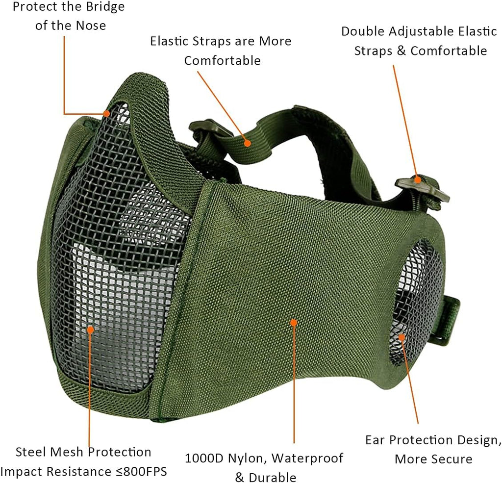 Airsoft Protective Gear Set, Half Face Mesh Mask with Ear Protection and Goggles for Adult Men Women BBS Paintball Shooting CS Survival Games Cosplay