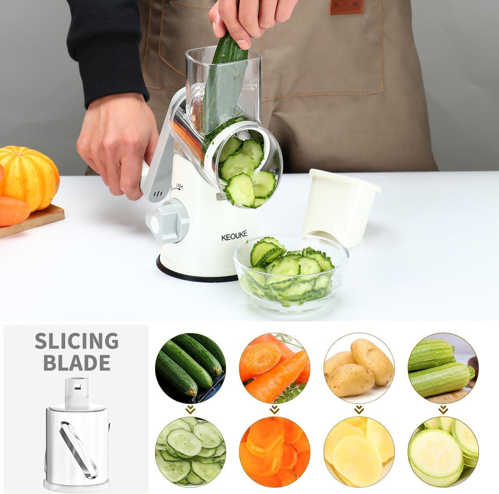 Rotary Cheese Grater Hand Crank Cheese Shredder for Fresh Cheese, Vegetable, Nuts,Non-Slip Suction Base, Free Cleaning Brush Three Blades, White