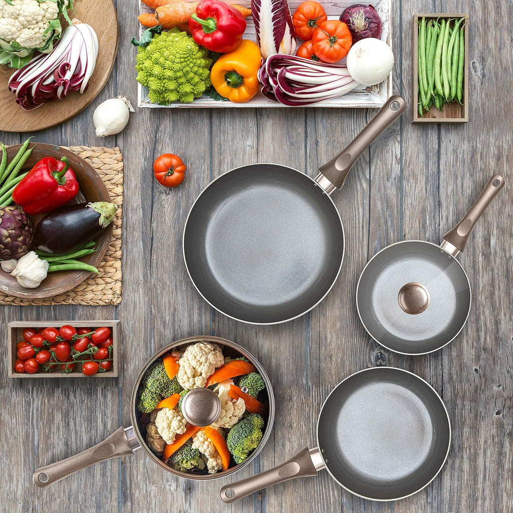 6 Pcs Dark Grey Nonstick Cookware Set, Pots and Pans Set Non Stick with Glass Lid, Induction Cookware, Stay-Cool Handle PTFE/PFOA Kitchen Pots 6-Piece with Frying Pans & Saucepan