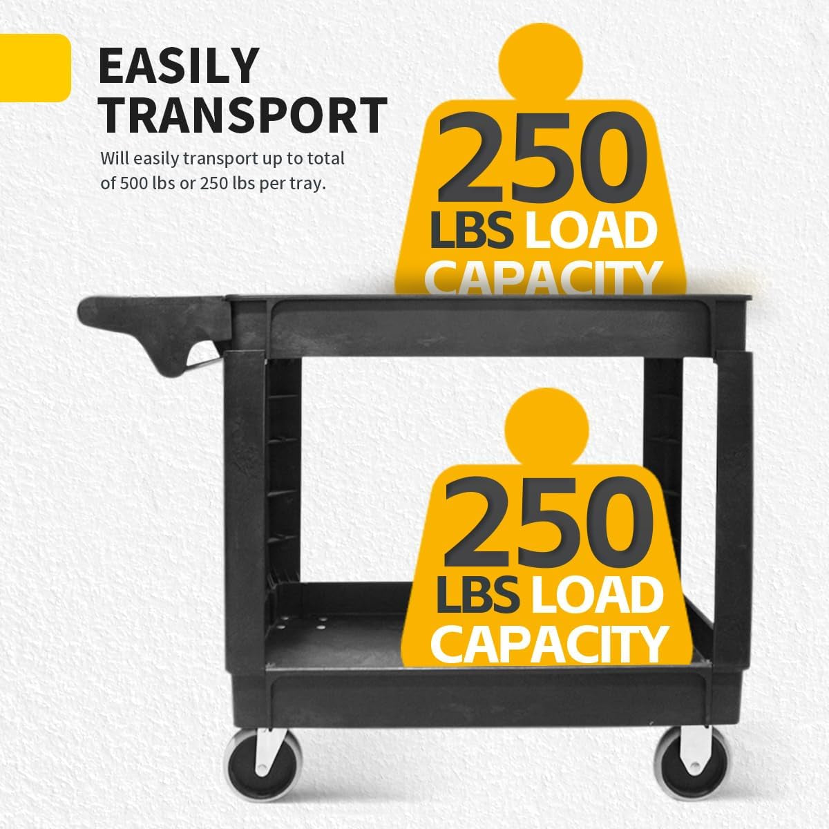 Heavy Duty 2‑Shelf Service Cart 500 Lb Capacity Polypropylene Utility Cart with 5" Non‑Marring Casters Deep Trays and Built‑In Tool Storage for Garage Warehouse Workshop (80855)
