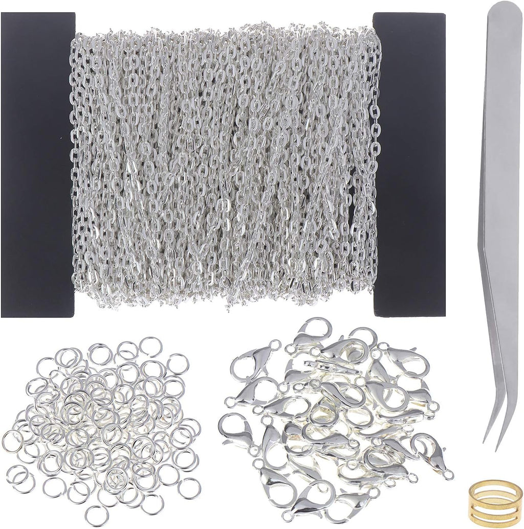 Jewelry Chains for Making Jewelry, 39 Feet Metal Chains with 100Pcs Jump Rings and 30Pcs Lobster Clasps for Jewelry Necklace and Bracelet Making (Silver)