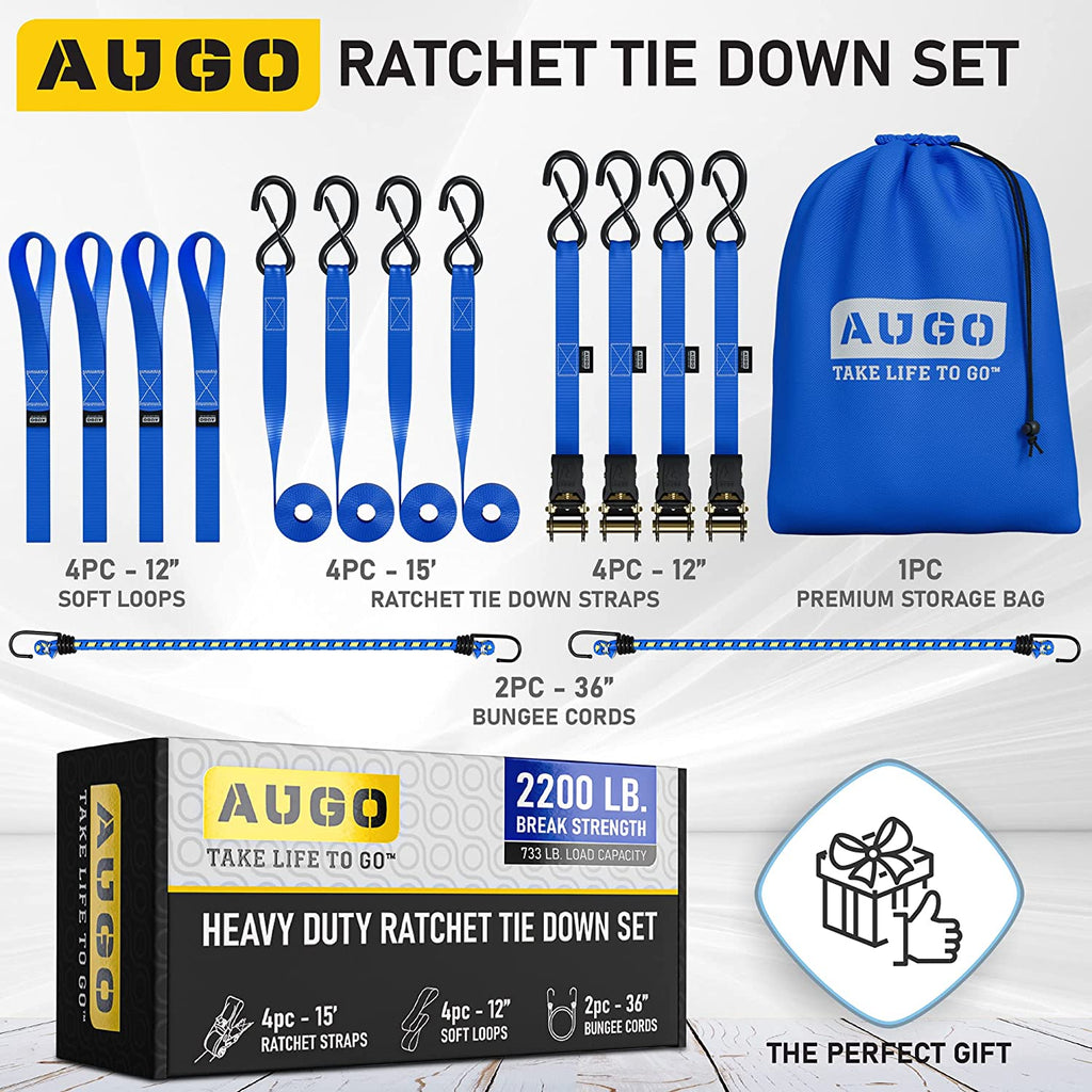 Ratchet Straps Heavy Duty 4 Pack -15 FT - 2200 LB Break Strength – with Safety Lock S Hooks - Cargo Straps for Moving, Appliances, Motorcycle – Soft Loop Tie down Straps