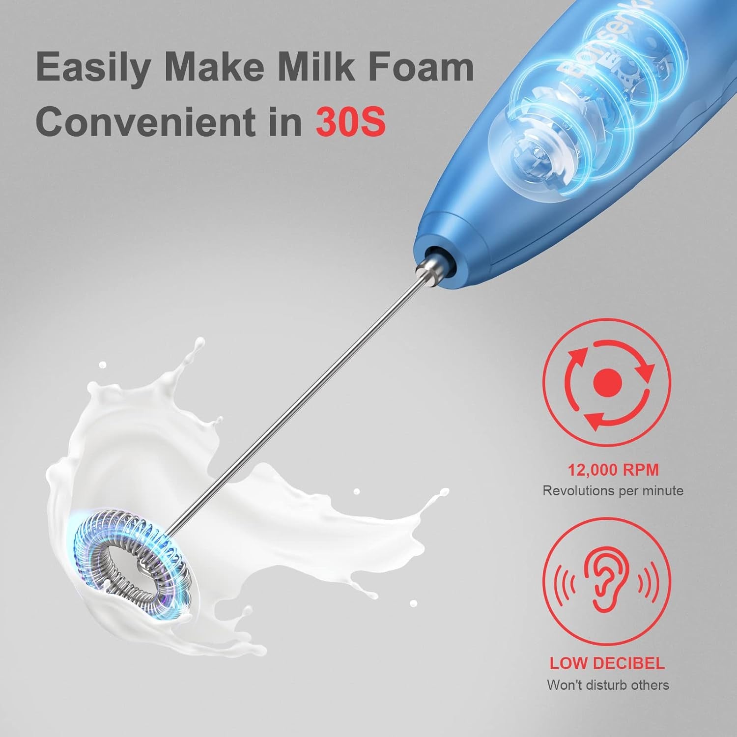 Handheld Milk Frother, Electric Hand Foamer Blender for Drink Mixer, Perfect for Bulletproof Coffee, Matcha, Hot Chocolate, Mini Battery Operated Milk Whisk Frother-Metallic Blue