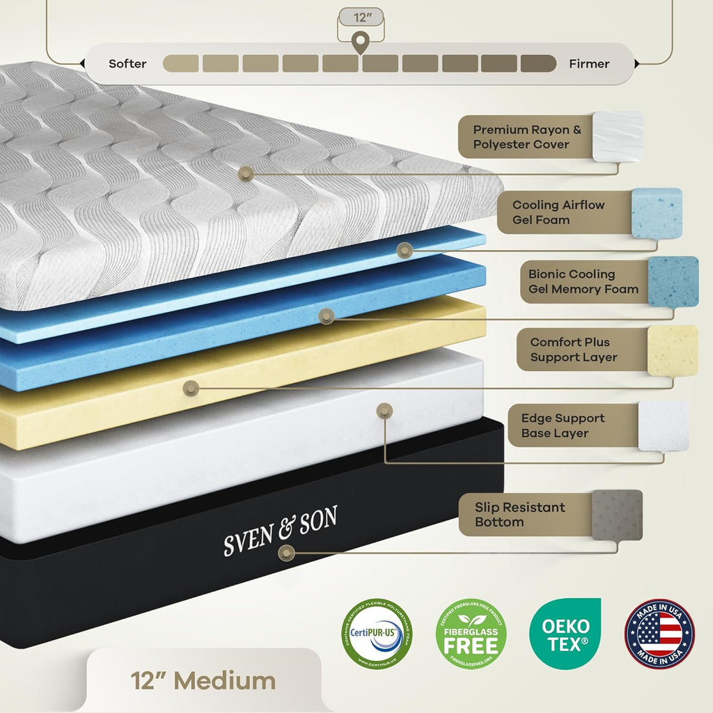 Classic Adjustable Bed Base, Head and Foot Lift, Massage, Under-Bed Lights, USB, Gel Memory, Zero Gravity Smart Frame - Queen + 12 Inch Memory Foam Matt (Medium)