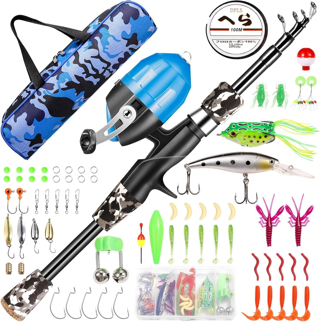 Kids Fishing Pole - Telescopic Fishing Rod and Reel Combo Kit - Fishing Gear, Fishing Lures, Carry on Bag, 70 Set Fully Fishing Equipment - for Boys, Girls, Youth