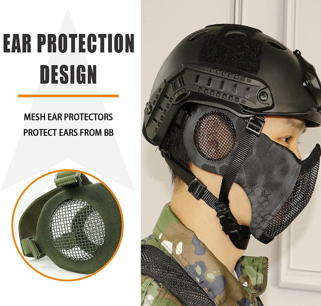 Airsoft Protective Gear Set, Half Face Mesh Mask with Ear Protection and Goggles for Adult Men Women BBS Paintball Shooting CS Survival Games Cosplay
