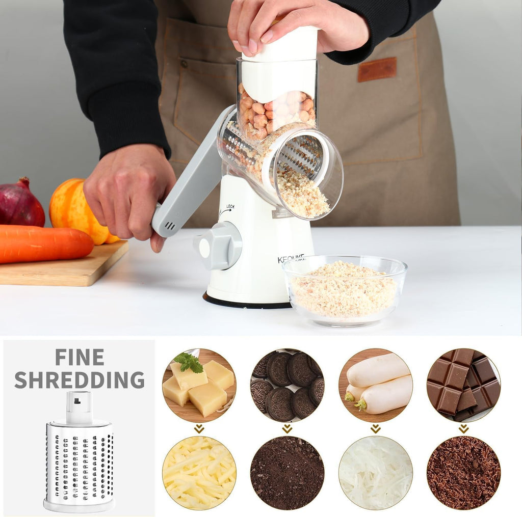 Rotary Cheese Grater Hand Crank Cheese Shredder for Fresh Cheese, Vegetable, Nuts,Non-Slip Suction Base, Free Cleaning Brush Three Blades, White