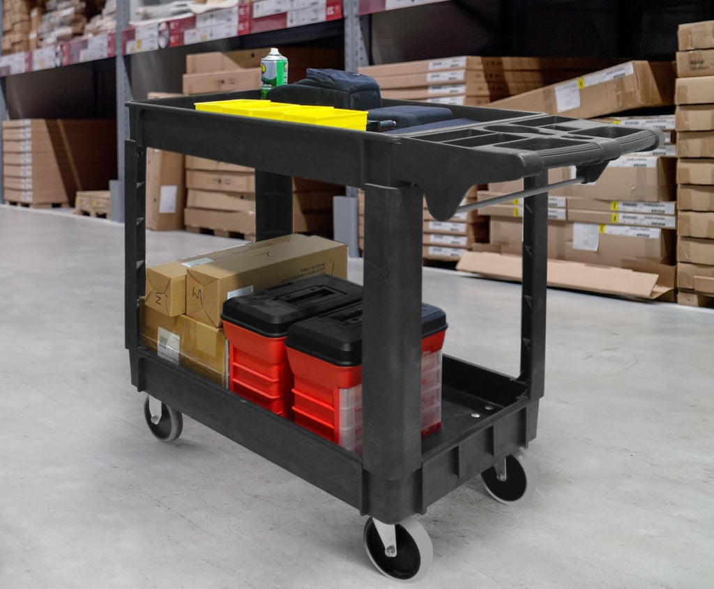 Heavy Duty 2‑Shelf Service Cart 500 Lb Capacity Polypropylene Utility Cart with 5" Non‑Marring Casters Deep Trays and Built‑In Tool Storage for Garage Warehouse Workshop (80855)