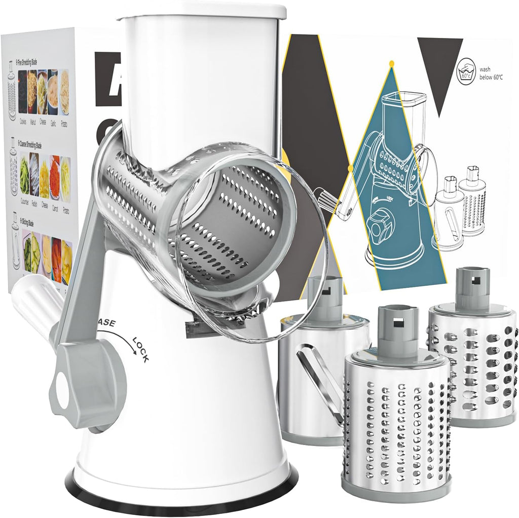 Rotary Cheese Grater Hand Crank Cheese Shredder for Fresh Cheese, Vegetable, Nuts,Non-Slip Suction Base, Free Cleaning Brush Three Blades, White