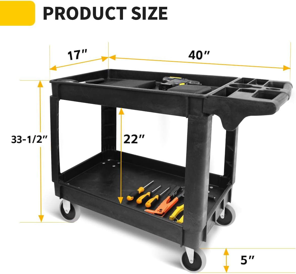 Heavy Duty 2‑Shelf Service Cart 500 Lb Capacity Polypropylene Utility Cart with 5" Non‑Marring Casters Deep Trays and Built‑In Tool Storage for Garage Warehouse Workshop (80855)