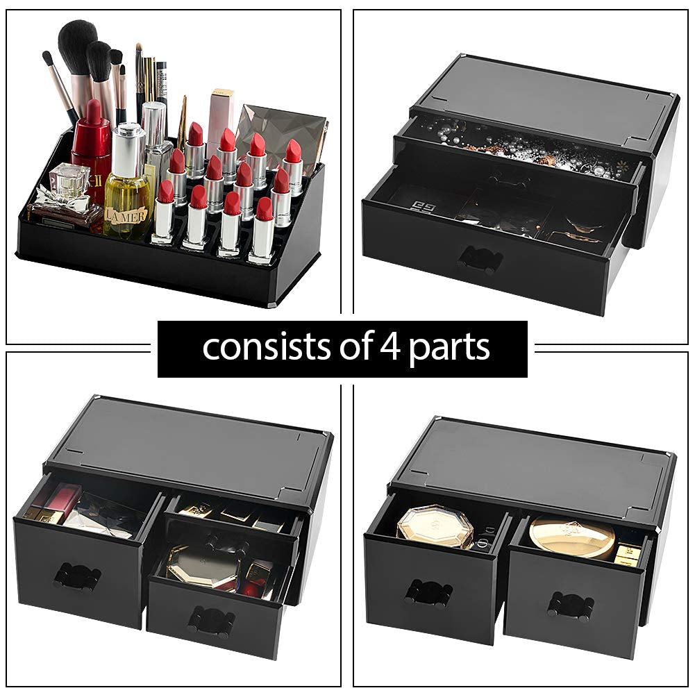 Innsweet Acrylic Cosmetic Organizer Beauty Storage Drawers, Large Makeup Storage Boxes Jewelry Display Cases with 7 Drawers, 4 Piece, Black